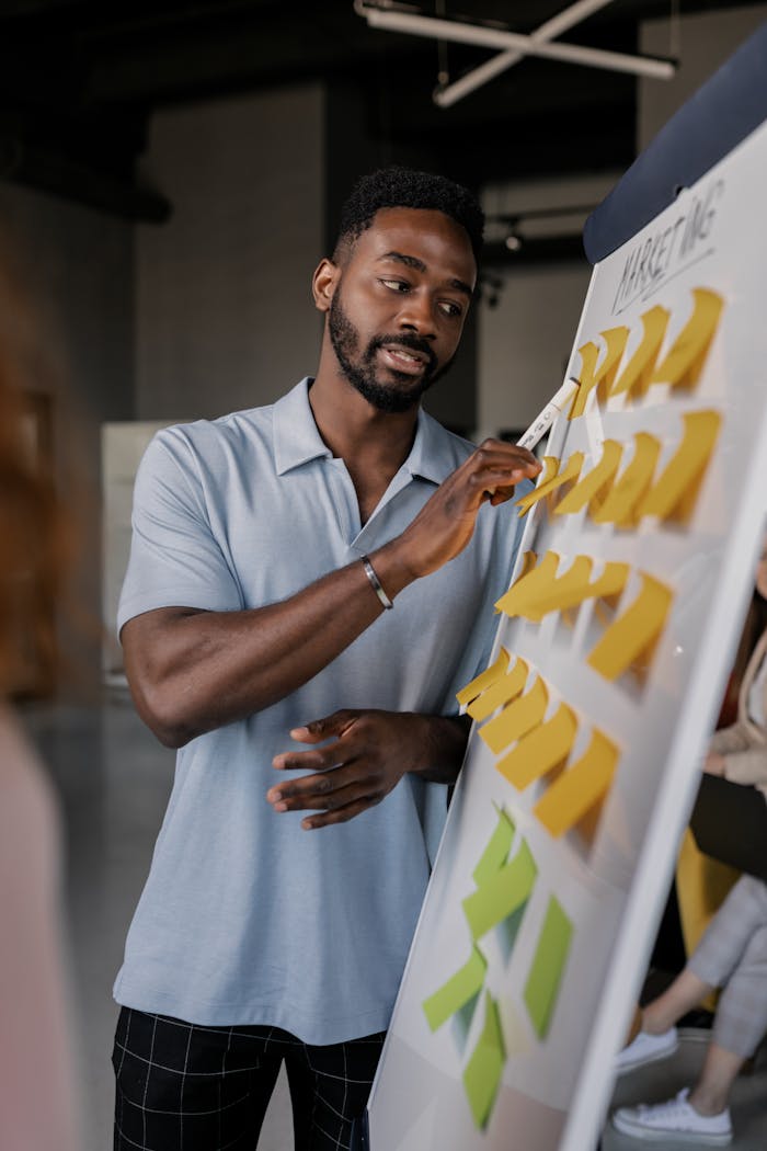 Services Confident African American man presenting business strategy using sticky notes on whiteboard.