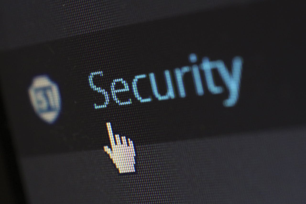Home Close-up view of a mouse cursor over digital security text on display.